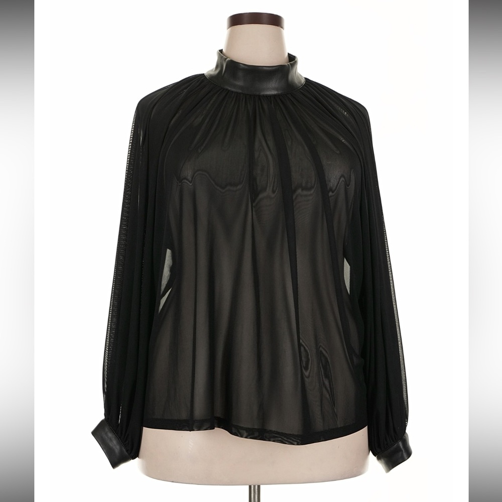 Eloquii Sheer Black Long-Sleeve Mock-Neck Blouse